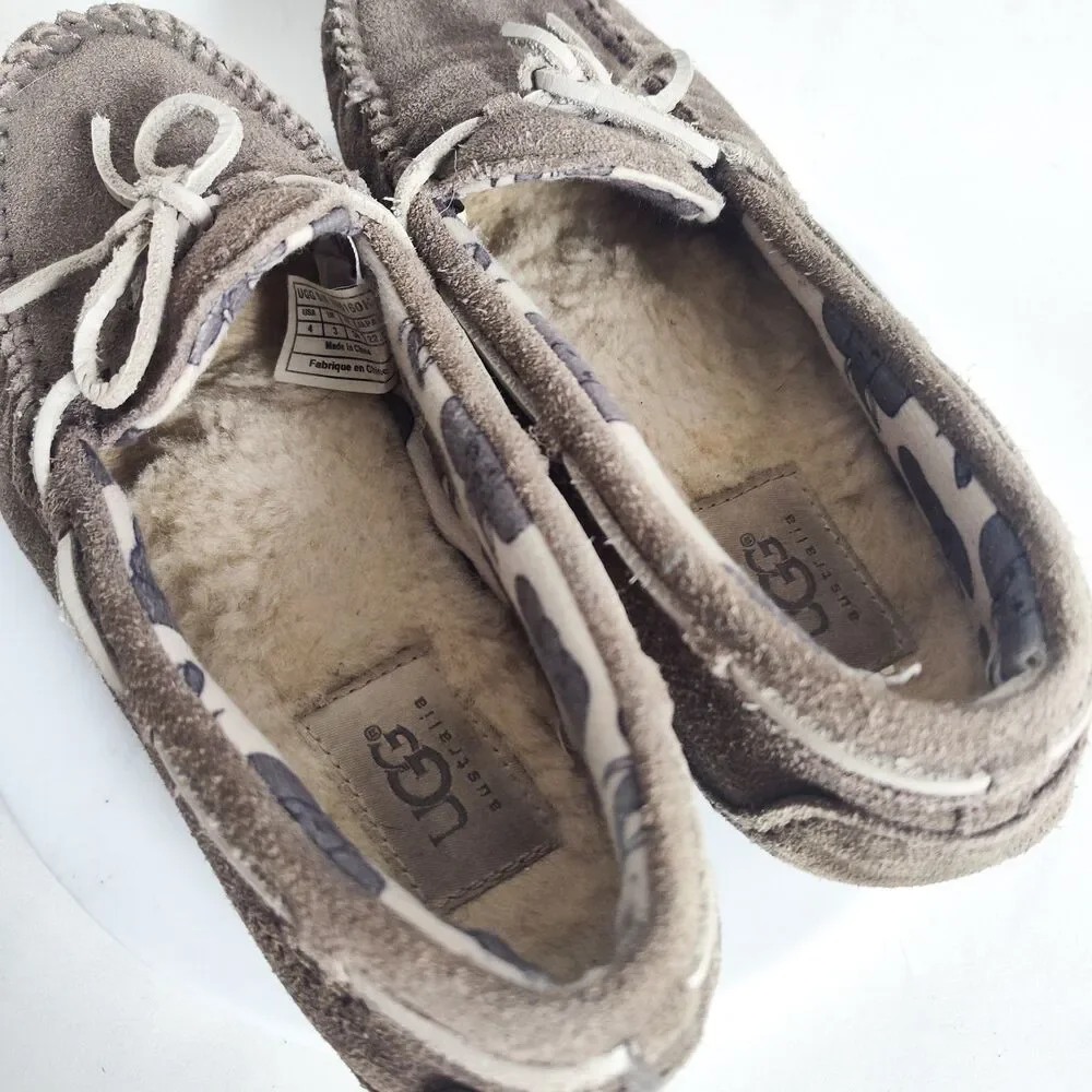 UGG Kids Gray Suede Faux Fur‎ Ryder Jungle Moccasin Slippers 1005160K US Size 4